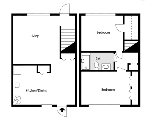 Floor plan for 2 beds, 1 bath, 837 sqft